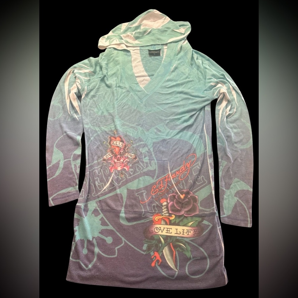 Ed Hardy Y2K hooded long sleeve mini dress. Rare.